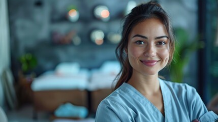 Fototapeta premium Smiling Healthcare Professional in Modern Clinic Setting: Confident Nurse or Doctor in Uniform