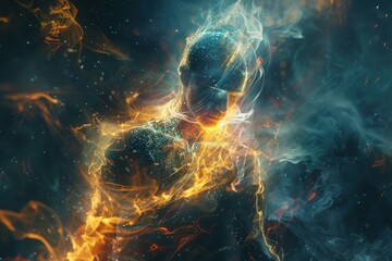 Obraz premium A mesmerizing depiction of a figure enveloped in swirling flames and ethereal smoke, symbolizing transformation and energy.