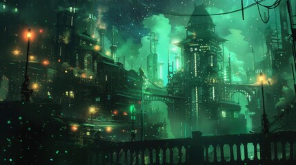 Obraz premium A mesmerizing neon-lit cityscape, enveloped in green mist and vibrant lights, portraying a futuristic and fantastical atmosphere.