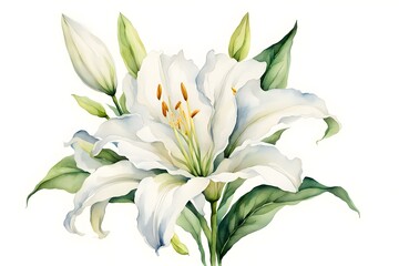 Fototapeta premium Watercolor madonna lily flower white background, Ai generated