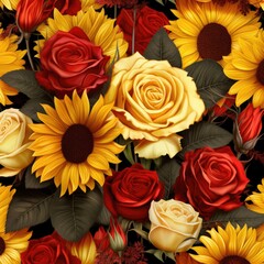 Fototapeta premium Red roses and sunflowers on a black background