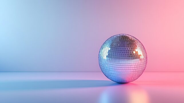 Gleaming mirror disco ball isolated on a minimalist background. Copy space for text, ideal for party and celebration promotions.