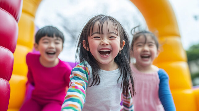 Asian children laughing on a bouncy castle