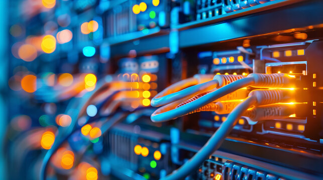 A network of cables with a yellow glow. The cables are connected to a server and are likely part of a computer network. Concept of technology and connectivity