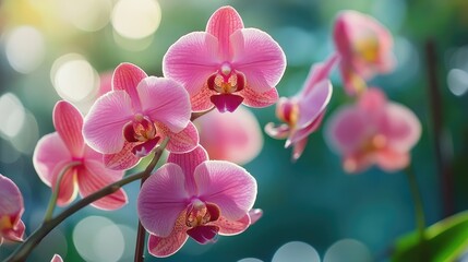 Pink Phalaenopsis orchids blooming beautifully in a garden. Perfect for showcasing the natural beauty and elegance of floral settings.