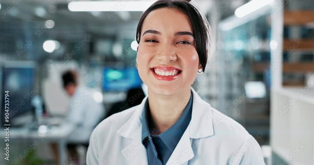 Poster woman, smile and tablet in laboratory for science, research and review or results in clinic. future,