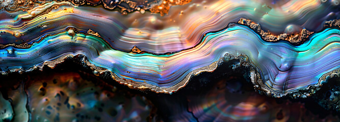 colorful iridescent abalone shell texture, macro photography in the style of nature.
