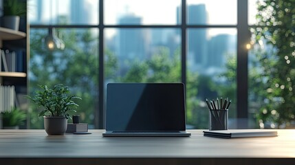 Fototapeta premium Workspace scene with a notebook laptop and stationery, featuring copy space. Blurred office or library backdrop adds depth.