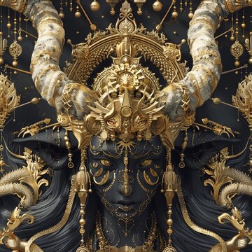 Produce a visually stunning frontal view illustration exploring the symbolism of gold across myths Combine elements like the Norse Draupnir ring or Hindu Kalash to depict 