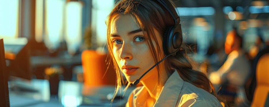 Woman wearing headset in office - Powered by Adobe