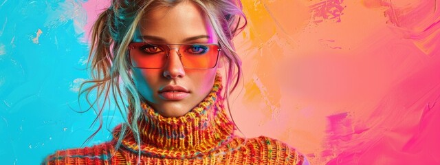 Obraz premium Vibrant Portrait of Fashionable Young Woman in Colorful Sweater and Sunglasses Against Artistic Background