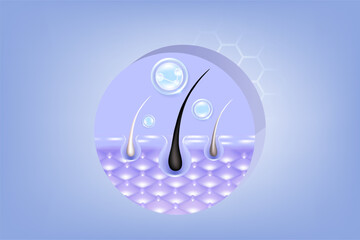 Hyaluronic acid and Niacinamide gray hair and skin solutions ad, blue collagen serum drops into skin cell with cosmetic advertising background ready to use, illustration vector.	