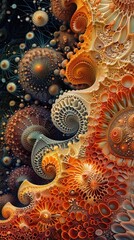 An intricate pattern of swirling shapes and vibrant colors creates a mesmerizing fractal design, inviting exploration and wonder.