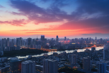 Fototapeta premium Vibrant Sunset Over Urban Cityscape and River