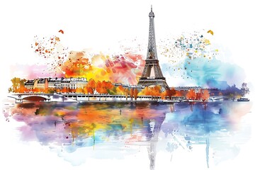 Watercolor Aesthetics of the Eiffel tower with colorful sunset in the background