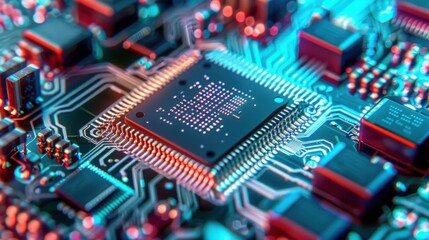 Fototapeta premium Close-up of a detailed microchip on a PCB, showcasing intricate circuitry and vibrant colors, ideal for technology-related projects.