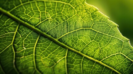 Obraz premium Close-up of a green leaf revealing intricate veins and textures, showcasing nature's beauty and detail.