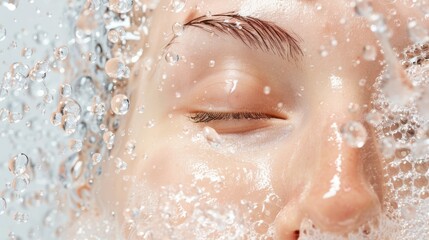 Aquatic Serenity: A close-up of a woman's face enveloped in cascading water droplets, capturing the essence of tranquility and skincare. 