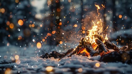 178. Campfire in Snow, realistic style, muted tones, stripes pattern, medium shot, natural light, sparks,