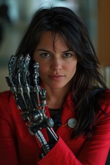 Woman in red jacket with robotic arm