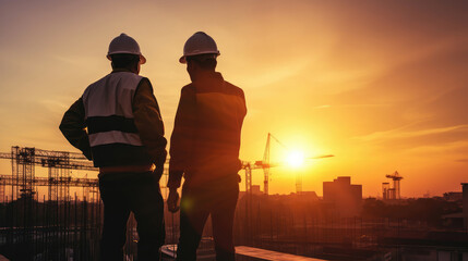 Fototapeta premium Engineers Overlooking Construction Site at Sunset