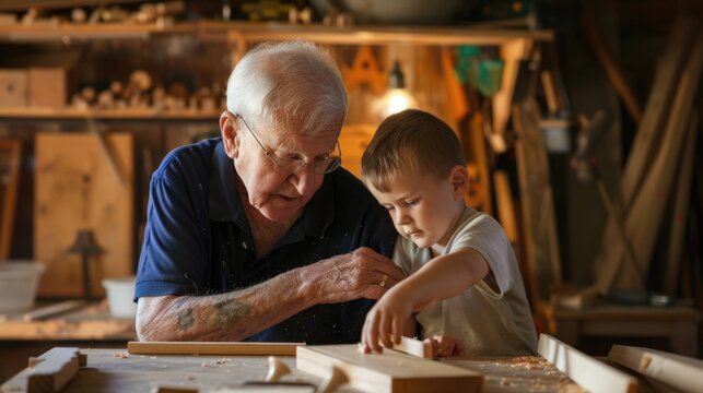 Grandfather and grandson working in workshop