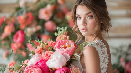 Bride Holding Colorful Bouquet of Pink and White Flowers in Romantic Garden Setting