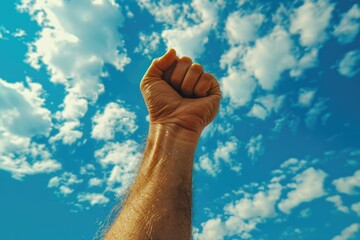 Fist raised against blue sky