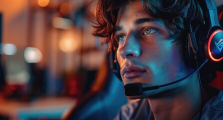 Young gamer wearing headphones in a gaming room