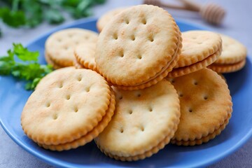 Sandwich cracker peanut butter,cracker in a blue plate on light cement background