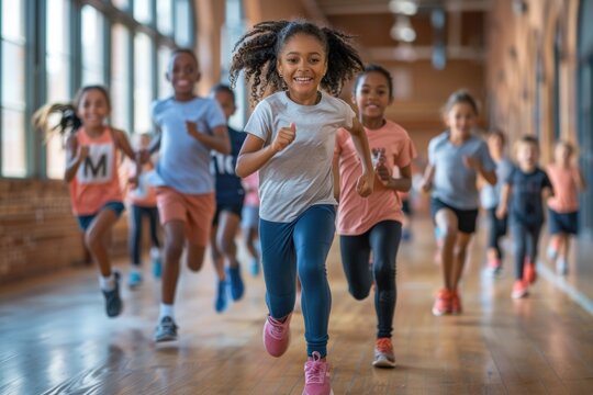 Group of children running in hallway