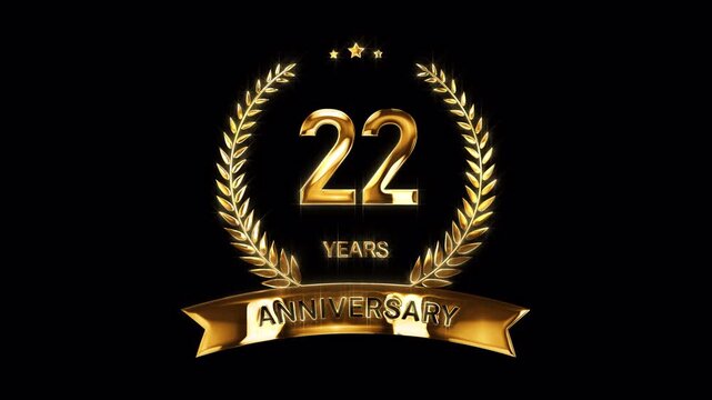 22nd Anniversary Celebration. Happy 22 Years Anniversary Animation in Gold Color on the Transparent Background, Alpha Channel. Great for greetings, celebrations, events, and gifts.