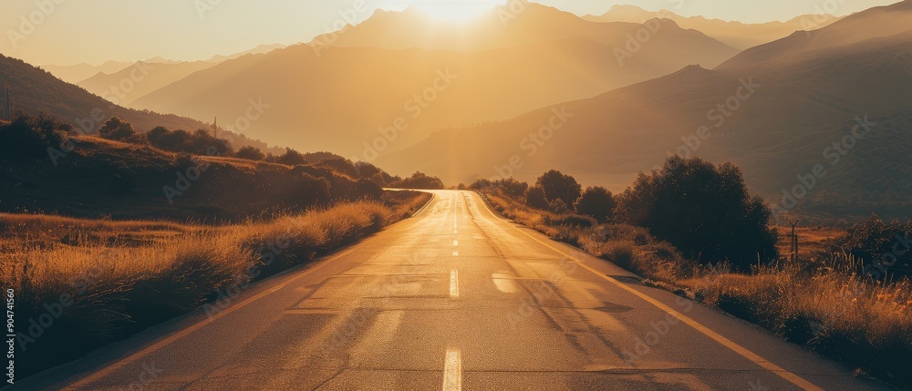 Sticker Sunrise on Open Road with Mountain Backdrop