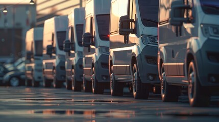 Obraz premium Fleet of Vans Parked in a Row at Sunset