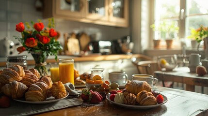 Fototapeta premium Photo of a beautifully arranged breakfast table featuring a variety of pastries, fresh fruits, coffee, and juice, cozy kitchen background, capturing the essence of a perfect morning meal.