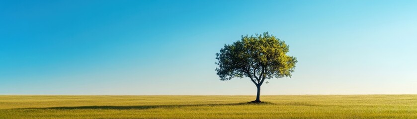 Solitary Tree in a Vast Golden Field Under a Clear Blue Sky on a Sunny Day