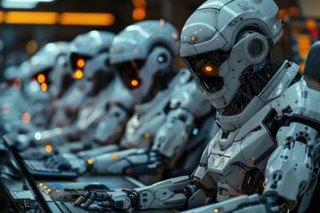 Fototapeta premium Group of robots working at desks in factory