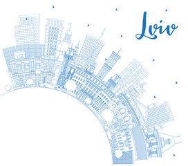 Outline Lviv Ukraine City Skyline with Blue Buildings and Copy Space. Lviv Cityscape with Landmarks. Business Travel and Tourism Concept with Historic Architecture.