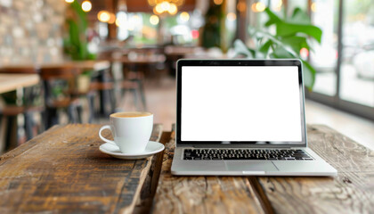 Cozy Cafe Workspace - Modern Laptop on Rustic Wooden Table with Blank Screen, Ideal for Mockup Designs | Clipping Paths Included for Easy Editing