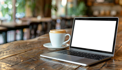 Cozy Cafe Workspace - Modern Laptop on Rustic Wooden Table with Blank Screen, Ideal for Mockup Designs | Clipping Paths Included for Easy Editing