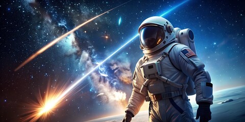 Fototapeta premium Astronaut in Space with Shooting Stars and Milky Way Galaxy Background
