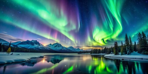 Aurora Borealis Reflecting on a Frozen Lake in the Mountains