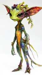 Fototapeta premium A whimsical creature with vibrant colors, standing tall, adorned with leaves and flowers, embodying fantasy and magic.