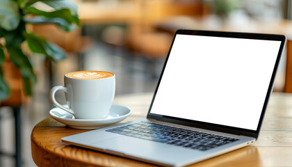 Fototapeta premium Modern Laptop Mockup in Cozy Coffee Cafe with Clipping Path, Wooden Table Background.