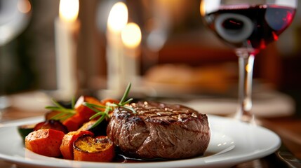 A gourmet dinner plate with a perfectly cooked steak, accompanied by roasted vegetables and a glass of red wine, set against an elegant dining room backdrop.