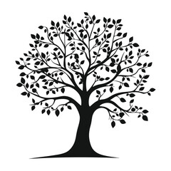 Fototapeta premium Black silhouette of a tree with leaves isolated on a white background.