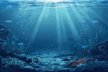 Underwater landscape. Realistic vector background. Underwater scene, the rays of the sun pass through the waves.