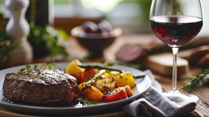 A gourmet dinner plate with a perfectly cooked steak, accompanied by roasted vegetables and a glass of red wine, set against an elegant dining room backdrop.