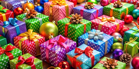 Fototapeta premium Colorful Christmas Presents with Ornaments and Pine Cones on Wooden Table