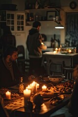 A Man Sitting at a Table with Candles and Food in a Dimly Lit Room